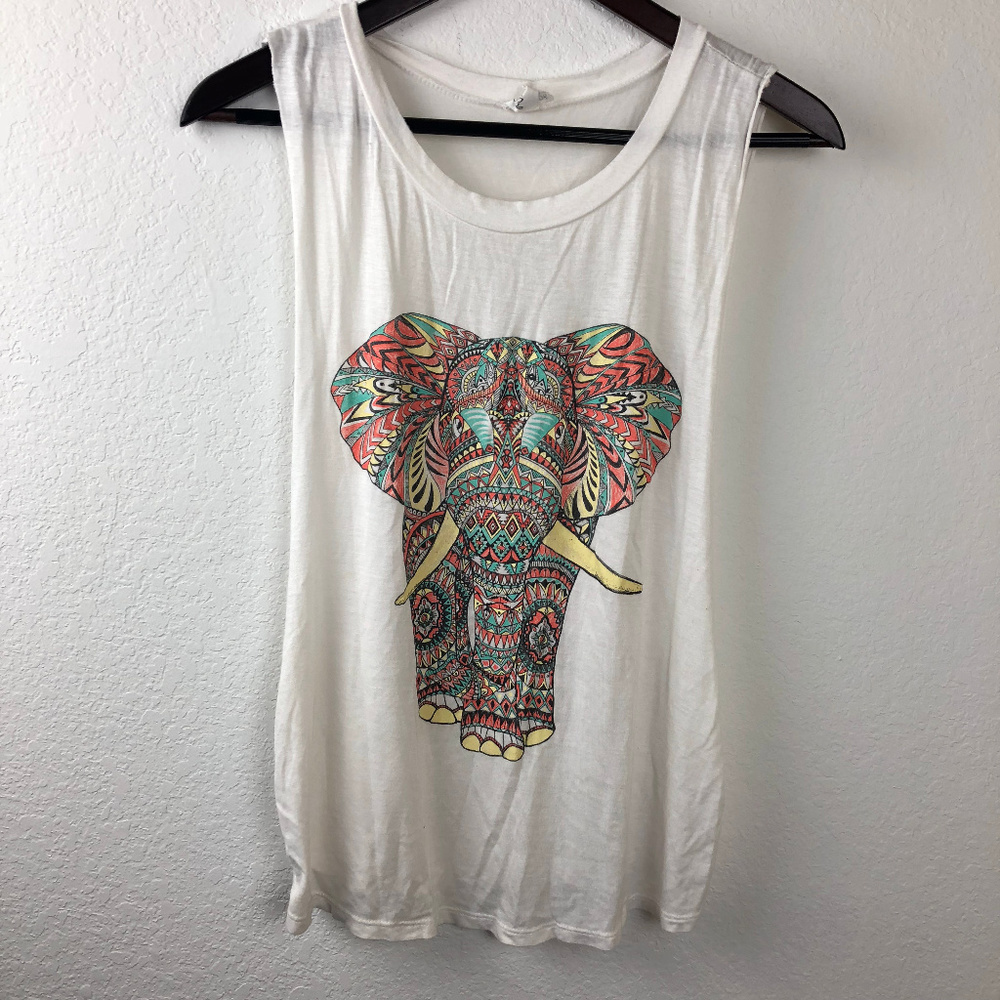 B Sharp Women Tank Top, White Multicolor Elephant